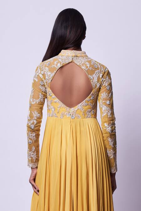 Buy Kavitha Gutta Yellow Pure Banaras Zari Embroidered Sequin Band Collar Cut-out Anarkali Online at Aza Fashions Buy_Kavitha Gutta_Yellow Pure Banaras Zari Embroidered Sequin Band Collar Cut-out Anarkali _Online_at_Aza_Fashions