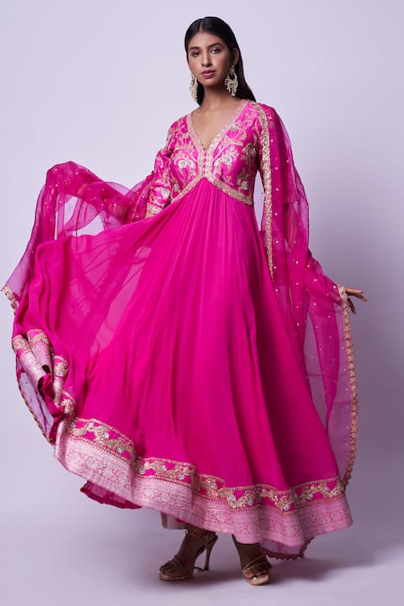 Shop Kavitha Gutta Pink Pure Raw Silk Embroidered Sequin V-neck Zardozi Anarkali With Dupatta at Aza Fashions Shop_Kavitha Gutta_Pink Pure Raw Silk Embroidered Sequin V-neck Zardozi Anarkali With Dupatta _at_Aza_Fashions