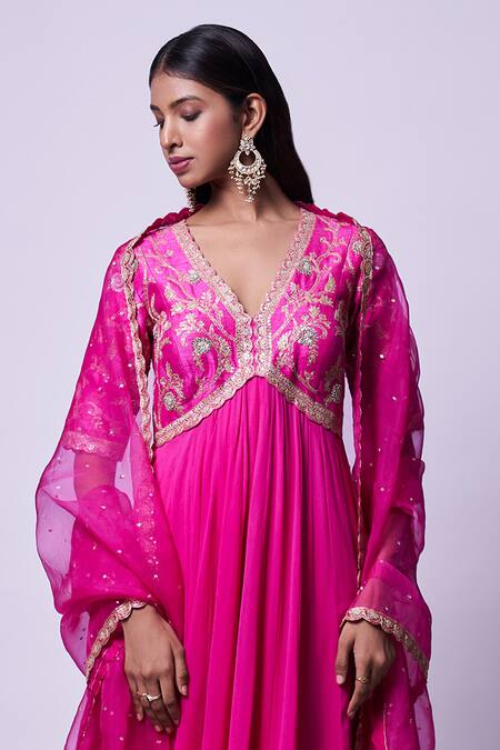 Kavitha Gutta Pink Pure Raw Silk Embroidered Sequin V-neck Zardozi Anarkali With Dupatta Online at Aza Fashions Kavitha Gutta_Pink Pure Raw Silk Embroidered Sequin V-neck Zardozi Anarkali With Dupatta _Online_at_Aza_Fashions