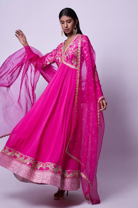 Buy Kavitha Gutta Pink Pure Raw Silk Embroidered Sequin V-neck Zardozi Anarkali With Dupatta Online at Aza Fashions Buy_Kavitha Gutta_Pink Pure Raw Silk Embroidered Sequin V-neck Zardozi Anarkali With Dupatta _Online_at_Aza_Fashions