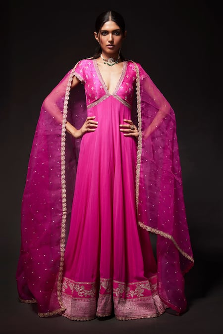 Kavitha Gutta Pink Pure Raw Silk Embroidered Sequin Deep V-neck Zari Anarkali With Dupatta 