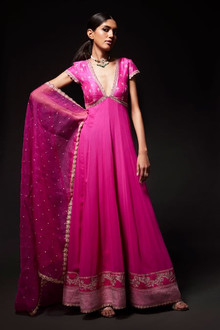 Shop Kavitha Gutta Pink Pure Raw Silk Embroidered Sequin Deep V-neck Zari Anarkali With Dupatta at Aza Fashions Shop_Kavitha Gutta_Pink Pure Raw Silk Embroidered Sequin Deep V-neck Zari Anarkali With Dupatta _at_Aza_Fashions