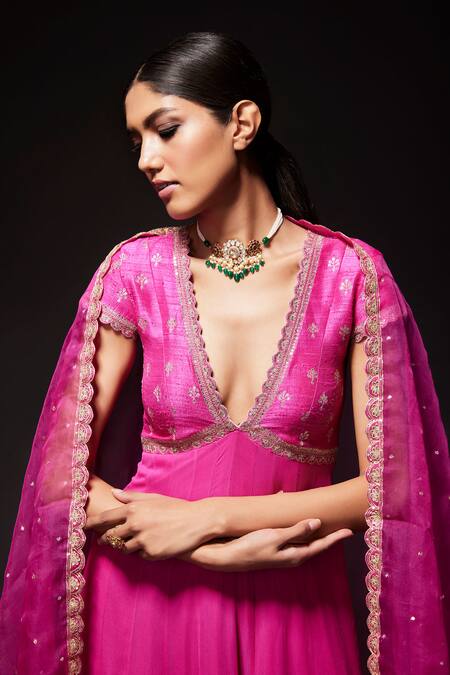 Kavitha Gutta Pink Pure Raw Silk Embroidered Sequin Deep V-neck Zari Anarkali With Dupatta Online at Aza Fashions Kavitha Gutta_Pink Pure Raw Silk Embroidered Sequin Deep V-neck Zari Anarkali With Dupatta _Online_at_Aza_Fashions