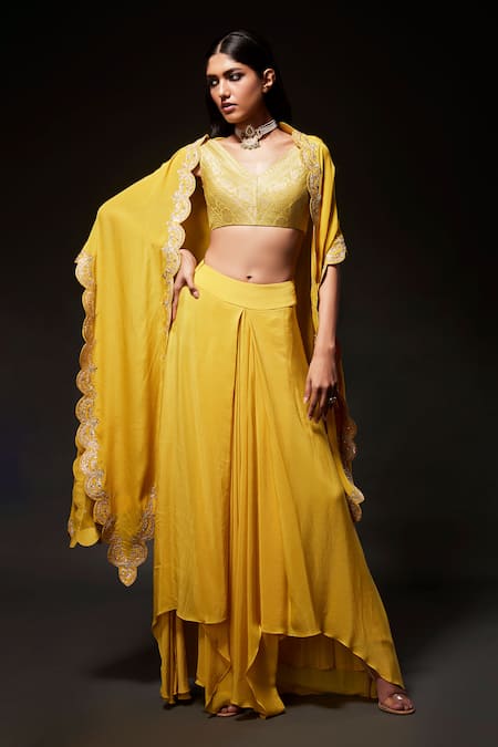 Shop Kavitha Gutta Yellow Blouse Handwoven Banaras Zari Embroidered Sequin Scalloped Skirt Set at Aza Fashions Shop_Kavitha Gutta_Yellow Blouse Handwoven Banaras Zari Embroidered Sequin Scalloped Skirt Set _at_Aza_Fashions