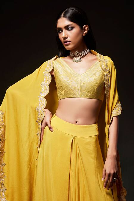 Kavitha Gutta Yellow Blouse Handwoven Banaras Zari Embroidered Sequin Scalloped Skirt Set Online at Aza Fashions Kavitha Gutta_Yellow Blouse Handwoven Banaras Zari Embroidered Sequin Scalloped Skirt Set _Online_at_Aza_Fashions