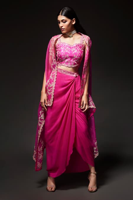 Shop Kavitha Gutta Pink Blouse Pure Raw Silk Embroidered Sequin Cape Open Sheer Zari Skirt Set at Aza Fashions Shop_Kavitha Gutta_Pink Blouse Pure Raw Silk Embroidered Sequin Cape Open Sheer Zari Skirt Set _at_Aza_Fashions