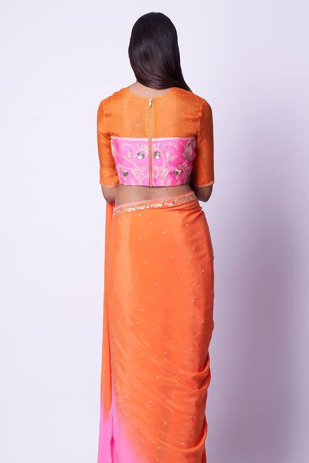 Shop_Kavitha Gutta_Orange Blouse Pure Rawsilk Embroidered Sequin Round Zari Border Saree With _at_Aza_Fashions