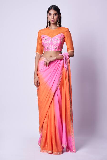 Buy_Kavitha Gutta_Orange Blouse Pure Rawsilk Embroidered Sequin Round Zari Border Saree With _Online_at_Aza_Fashions