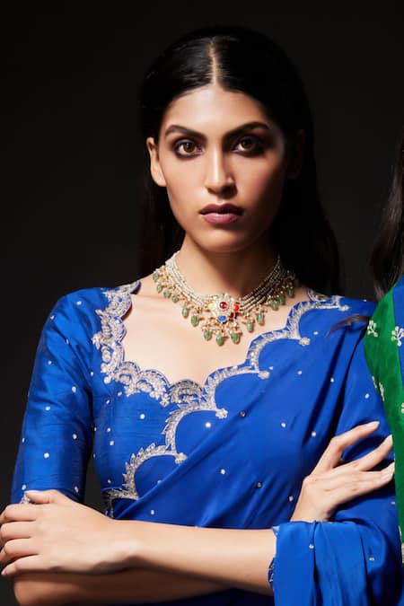 Shop Kavitha Gutta Blue Blouse Pure Raw Silk Embroidered Sequin Scalloped Zari Saree With at Aza Fashions Shop_Kavitha Gutta_Blue Blouse Pure Raw Silk Embroidered Sequin Scalloped Zari Saree With _at_Aza_Fashions