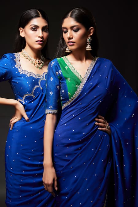 Kavitha Gutta Blue Blouse Pure Raw Silk Embroidered Sequin Scalloped Zari Saree With Online at Aza Fashions Kavitha Gutta_Blue Blouse Pure Raw Silk Embroidered Sequin Scalloped Zari Saree With _Online_at_Aza_Fashions