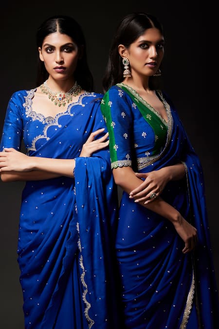 Buy Kavitha Gutta Blue Blouse Pure Raw Silk Embroidered Sequin Scalloped Zari Saree With Online at Aza Fashions Buy_Kavitha Gutta_Blue Blouse Pure Raw Silk Embroidered Sequin Scalloped Zari Saree With _Online_at_Aza_Fashions