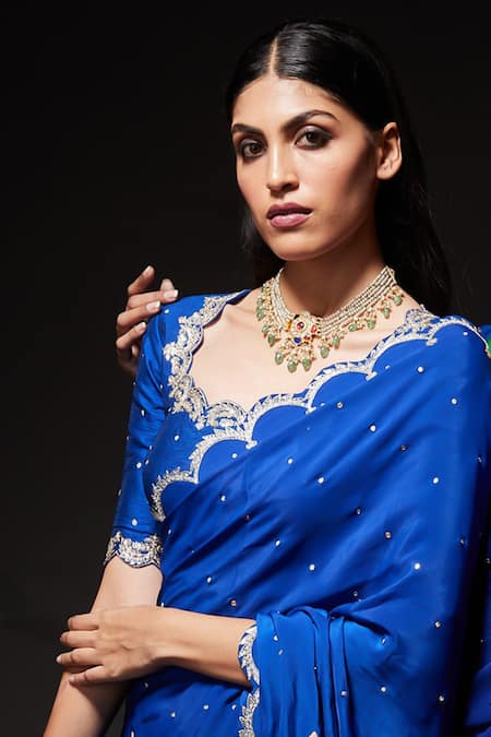 Shop Kavitha Gutta Blue Blouse Pure Raw Silk Embroidered Sequin Scalloped Zari Saree With Online at Aza Fashions Shop_Kavitha Gutta_Blue Blouse Pure Raw Silk Embroidered Sequin Scalloped Zari Saree With _Online_at_Aza_Fashions