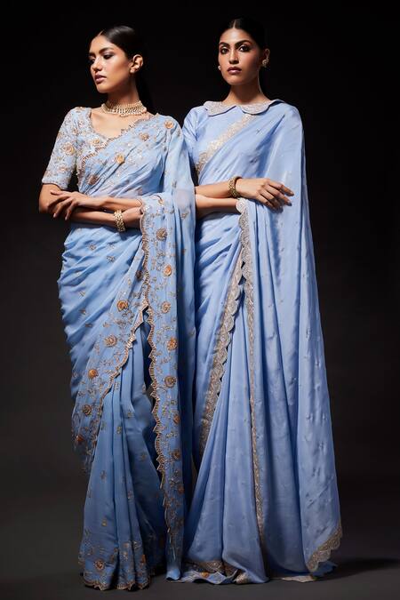 Kavitha Gutta Blue Blouse Rawsilk And Organza Embroidered Sequin Scalloped Saree With Online at Aza Fashions Kavitha Gutta_Blue Blouse Rawsilk And Organza Embroidered Sequin Scalloped Saree With _Online_at_Aza_Fashions