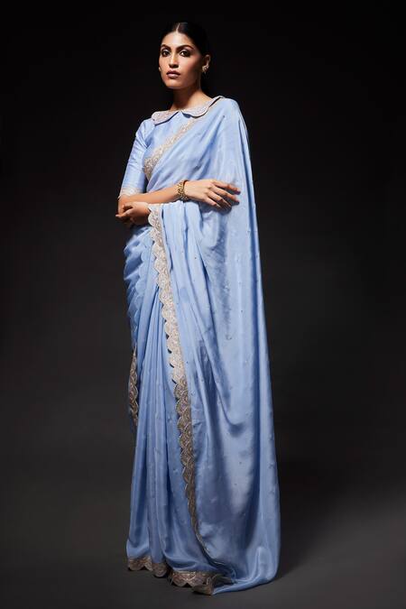 Shop Kavitha Gutta Blue Blouse Rawsilk And Organza Embroidered Sequin Scalloped Saree With Online at Aza Fashions Shop_Kavitha Gutta_Blue Blouse Rawsilk And Organza Embroidered Sequin Scalloped Saree With _Online_at_Aza_Fashions