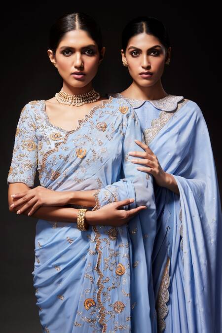 Kavitha Gutta Blue Blouse Rawsilk And Organza Embroidered Sequin Scalloped Saree With at Aza Fashions Kavitha Gutta_Blue Blouse Rawsilk And Organza Embroidered Sequin Scalloped Saree With _at_Aza_Fashions