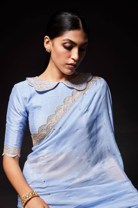 Buy Kavitha Gutta Blue Blouse Rawsilk And Organza Embroidered Sequin Scalloped Saree With Buy_Kavitha Gutta_Blue Blouse Rawsilk And Organza Embroidered Sequin Scalloped Saree With