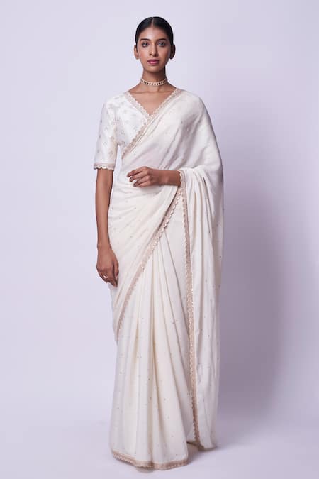 Kavitha Gutta Cream Saree 100% Silk Crepe Hand Embroidered Sequins V Neck With Blouse 