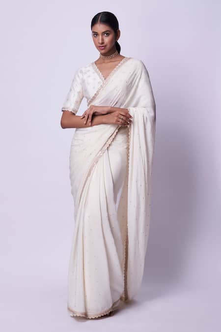 Kavitha Gutta Cream Saree 100% Silk Crepe Hand Embroidered Sequins V Neck With Blouse Online at Aza Fashions Kavitha Gutta_Cream Saree 100% Silk Crepe Hand Embroidered Sequins V Neck With Blouse _Online_at_Aza_Fashions