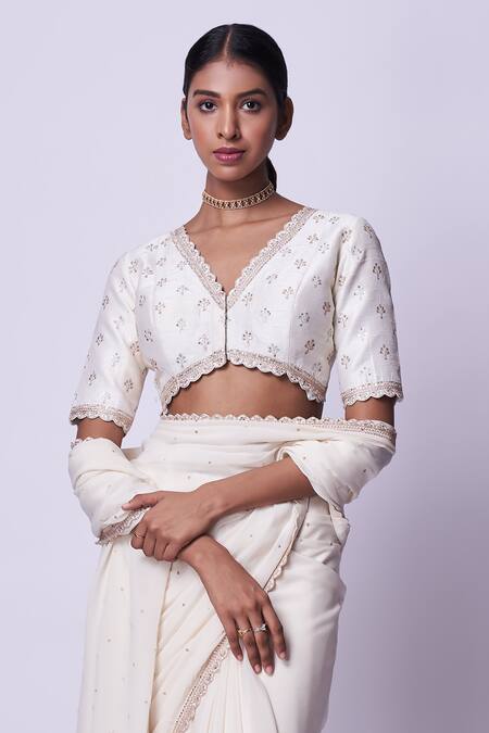 Buy Kavitha Gutta Cream Saree 100% Silk Crepe Hand Embroidered Sequins V Neck With Blouse Online at Aza Fashions Buy_Kavitha Gutta_Cream Saree 100% Silk Crepe Hand Embroidered Sequins V Neck With Blouse _Online_at_Aza_Fashions