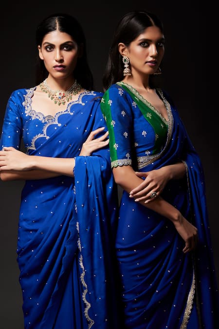 Shop Kavitha Gutta Blue Silk Sequins, Zari V-neck Embroidered Saree With Blouse at Aza Fashions Shop_Kavitha Gutta_Blue Silk Sequins, Zari V-neck Embroidered Saree With Blouse _at_Aza_Fashions