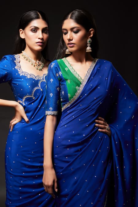 Kavitha Gutta Blue Silk Sequins, Zari V-neck Embroidered Saree With Blouse Online at Aza Fashions Kavitha Gutta_Blue Silk Sequins, Zari V-neck Embroidered Saree With Blouse _Online_at_Aza_Fashions