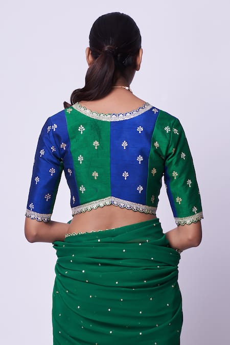 Shop Kavitha Gutta Green Silk Sequins, Zari V-neck Hand Embroidered Saree With Blouse at Aza Fashions Shop_Kavitha Gutta_Green Silk Sequins, Zari V-neck Hand Embroidered Saree With Blouse _at_Aza_Fashions