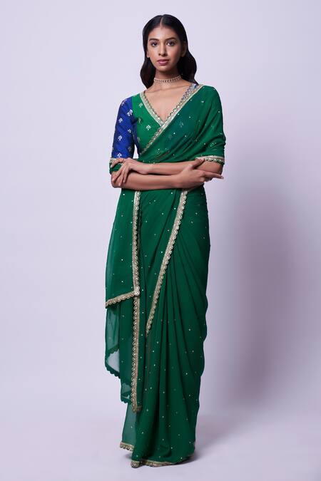 Kavitha Gutta Green Silk Sequins, Zari V-neck Hand Embroidered Saree With Blouse Online at Aza Fashions Kavitha Gutta_Green Silk Sequins, Zari V-neck Hand Embroidered Saree With Blouse _Online_at_Aza_Fashions