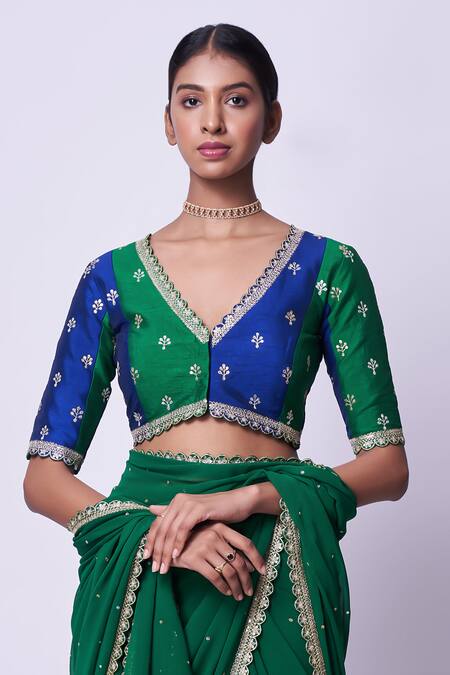 Buy Kavitha Gutta Green Silk Sequins, Zari V-neck Hand Embroidered Saree With Blouse Online at Aza Fashions Buy_Kavitha Gutta_Green Silk Sequins, Zari V-neck Hand Embroidered Saree With Blouse _Online_at_Aza_Fashions
