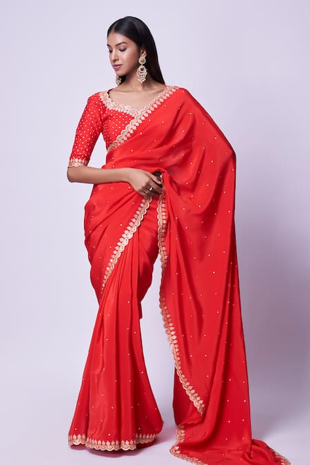 Shop Kavitha Gutta Red Silk Zari Boat Neck Hand Embroidered Saree With Blouse at Aza Fashions Shop_Kavitha Gutta_Red Silk Zari Boat Neck Hand Embroidered Saree With Blouse _at_Aza_Fashions