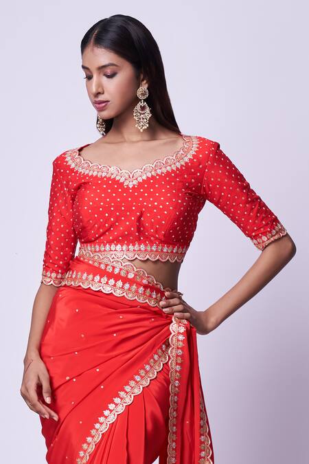 Kavitha Gutta Red Silk Zari Boat Neck Hand Embroidered Saree With Blouse Online at Aza Fashions Kavitha Gutta_Red Silk Zari Boat Neck Hand Embroidered Saree With Blouse _Online_at_Aza_Fashions