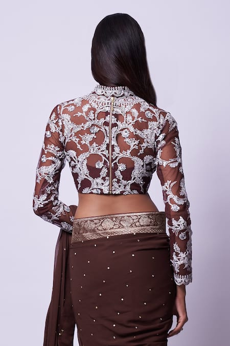 Shop_Kavitha Gutta_Brown Silk Zari Sweetheart Neck Embroidered Saree With Blouse _at_Aza_Fashions