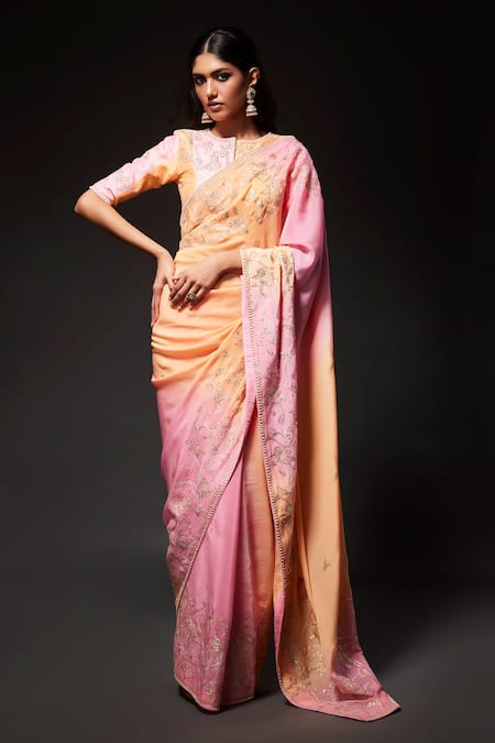 Kavitha Gutta Peach Saree 100% Silk Crepe Hand Embroidered Zari High Neck With Blouse