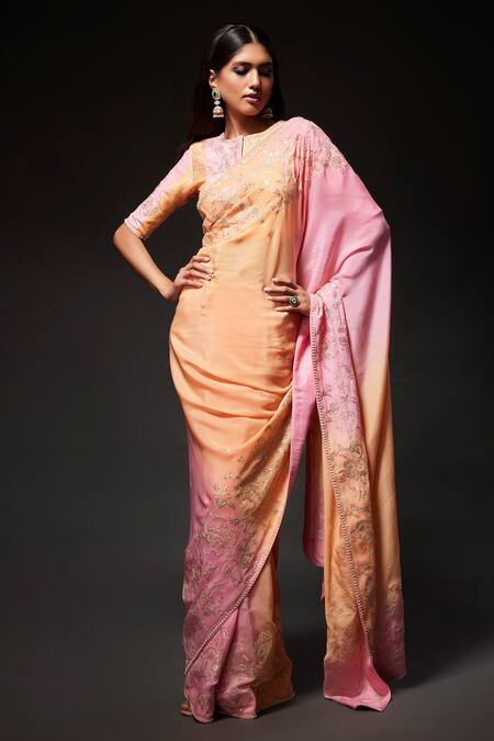 Shop_Kavitha Gutta_Peach , Satin Embroidery, Zari, Sequins High Neck Saree With Blouse _at_Aza_Fashions