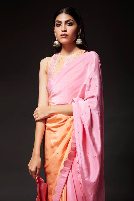 Kavitha Gutta_Peach , Satin Embroidery, Zari, Sequins High Neck Saree With Blouse _Online_at_Aza_Fashions