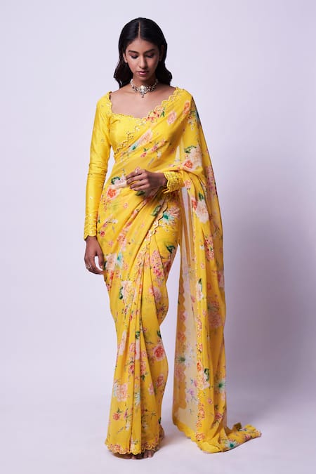 Shop Kavitha Gutta Gold Georgette, , Satin Embroidery, Floral Pattern Saree With Blouse at Aza Fashions Shop_Kavitha Gutta_Gold Georgette, , Satin Embroidery, Floral Pattern Saree With Blouse _at_Aza_Fashions