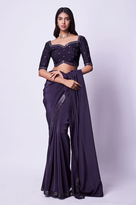 Shop Kavitha Gutta Purple Saree Crepe Hand Embroidered Thread Sweetheart Border With Blouse at Aza Fashions Shop_Kavitha Gutta_Purple Saree Crepe Hand Embroidered Thread Sweetheart Border With Blouse _at_Aza_Fashions