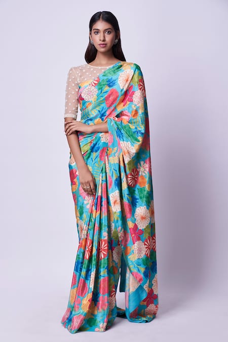 Shop Kavitha Gutta Blue Saree Crepe Hand Embroidered Floral Round Pattern With Blouse at Aza Fashions Shop_Kavitha Gutta_Blue Saree Crepe Hand Embroidered Floral Round Pattern With Blouse _at_Aza_Fashions