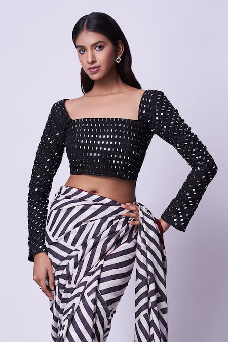 Kavitha Gutta Black Saree Muslin Hand Embroidered Striped Square Neck Pattern With Blouse Online at Aza Fashions Kavitha Gutta_Black Saree Muslin Hand Embroidered Striped Square Neck Pattern With Blouse _Online_at_Aza_Fashions