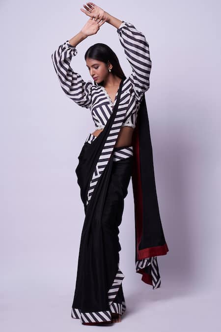Kavitha Gutta_Black Saree Georgette Hand Embroidered Striped V Neck Pattern With Blouse _Online_at_Aza_Fashions