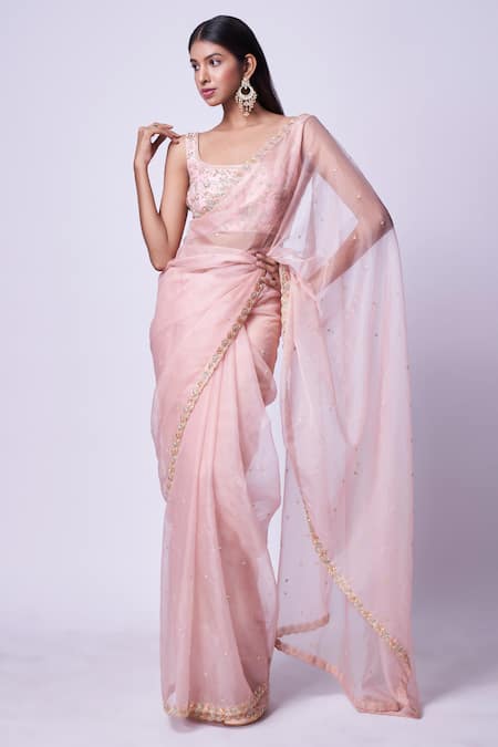 Kavitha Gutta_Pink Organza, Silk Sequins Square Neck Embroidered Saree With Blouse _Online_at_Aza_Fashions