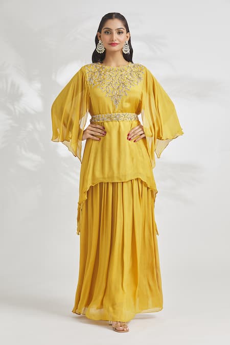 Samyukta Singhania Yellow Chiffon Embroidered Aari Round Top And Skirt Set 