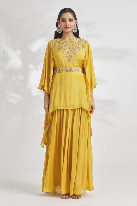 Samyukta Singhania Yellow Chiffon Embroidery Round Neck Top And Skirt Set Online at Aza Fashions Samyukta Singhania_Yellow Chiffon Embroidery Round Neck Top And Skirt Set_Online_at_Aza_Fashions