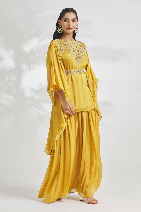 Buy Samyukta Singhania Yellow Chiffon Embroidery Round Neck Top And Skirt Set Online at Aza Fashions Buy_Samyukta Singhania_Yellow Chiffon Embroidery Round Neck Top And Skirt Set_Online_at_Aza_Fashions