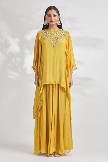 Buy Samyukta Singhania Yellow Chiffon Embroidery Round Neck Top And Skirt Set Buy_Samyukta Singhania_Yellow Chiffon Embroidery Round Neck Top And Skirt Set