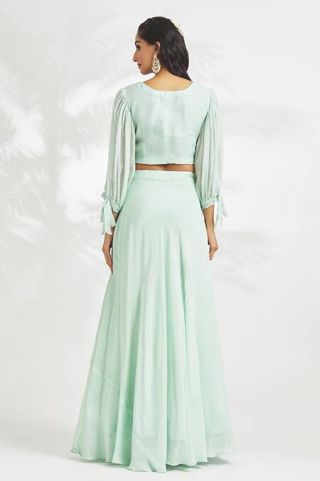 Shop Samyukta Singhania Blue Organza, Chiffon Sequins, Zari Zardosi Embroidered Blouse Lehenga Set at Aza Fashions Shop_Samyukta Singhania_Blue Organza, Chiffon Sequins, Zari Zardosi Embroidered Blouse Lehenga Set_at_Aza_Fashions