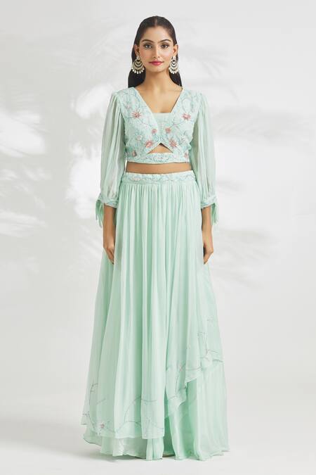 Buy Samyukta Singhania Blue Organza, Chiffon Sequins, Zari Zardosi Embroidered Blouse Lehenga Set Online at Aza Fashions Buy_Samyukta Singhania_Blue Organza, Chiffon Sequins, Zari Zardosi Embroidered Blouse Lehenga Set_Online_at_Aza_Fashions