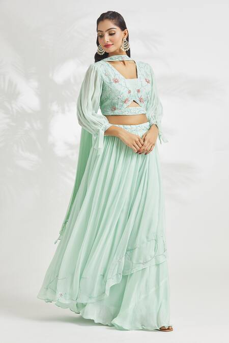 Shop Samyukta Singhania Blue Organza, Chiffon Sequins, Zari Zardosi Embroidered Blouse Lehenga Set Online at Aza Fashions Shop_Samyukta Singhania_Blue Organza, Chiffon Sequins, Zari Zardosi Embroidered Blouse Lehenga Set_Online_at_Aza_Fashions