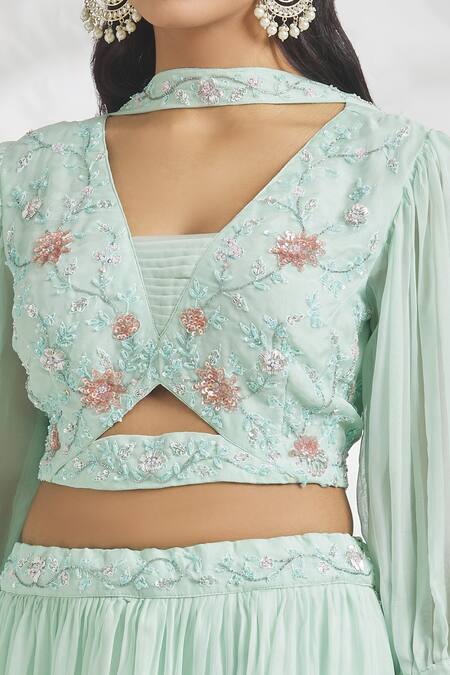 Samyukta Singhania Blue Organza, Chiffon Sequins, Zari Zardosi Embroidered Blouse Lehenga Set at Aza Fashions Samyukta Singhania_Blue Organza, Chiffon Sequins, Zari Zardosi Embroidered Blouse Lehenga Set_at_Aza_Fashions