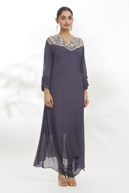 Buy_Samyukta Singhania_Grey Chiffon Embroidery, Gota Patti, Zari Split V-neck Dress_Online_at_Aza_Fashions