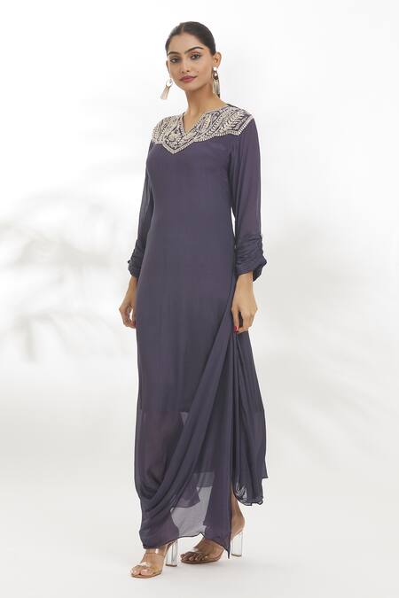 Shop_Samyukta Singhania_Grey Chiffon Embroidery, Gota Patti, Zari Split V-neck Dress_Online_at_Aza_Fashions
